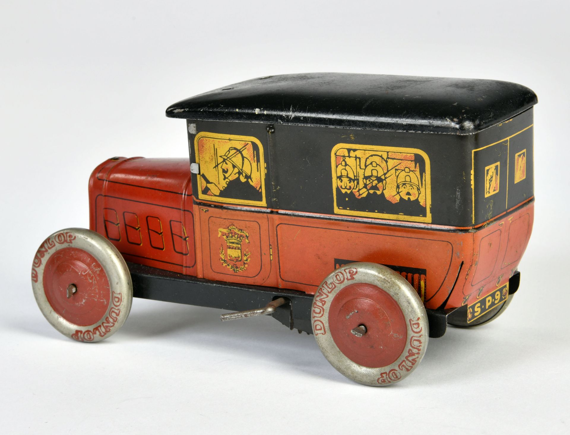 Biscuit can as fire engine, France pw, 17 cm, tin, cw ok, min. paint d., C 2 - Image 2 of 2
