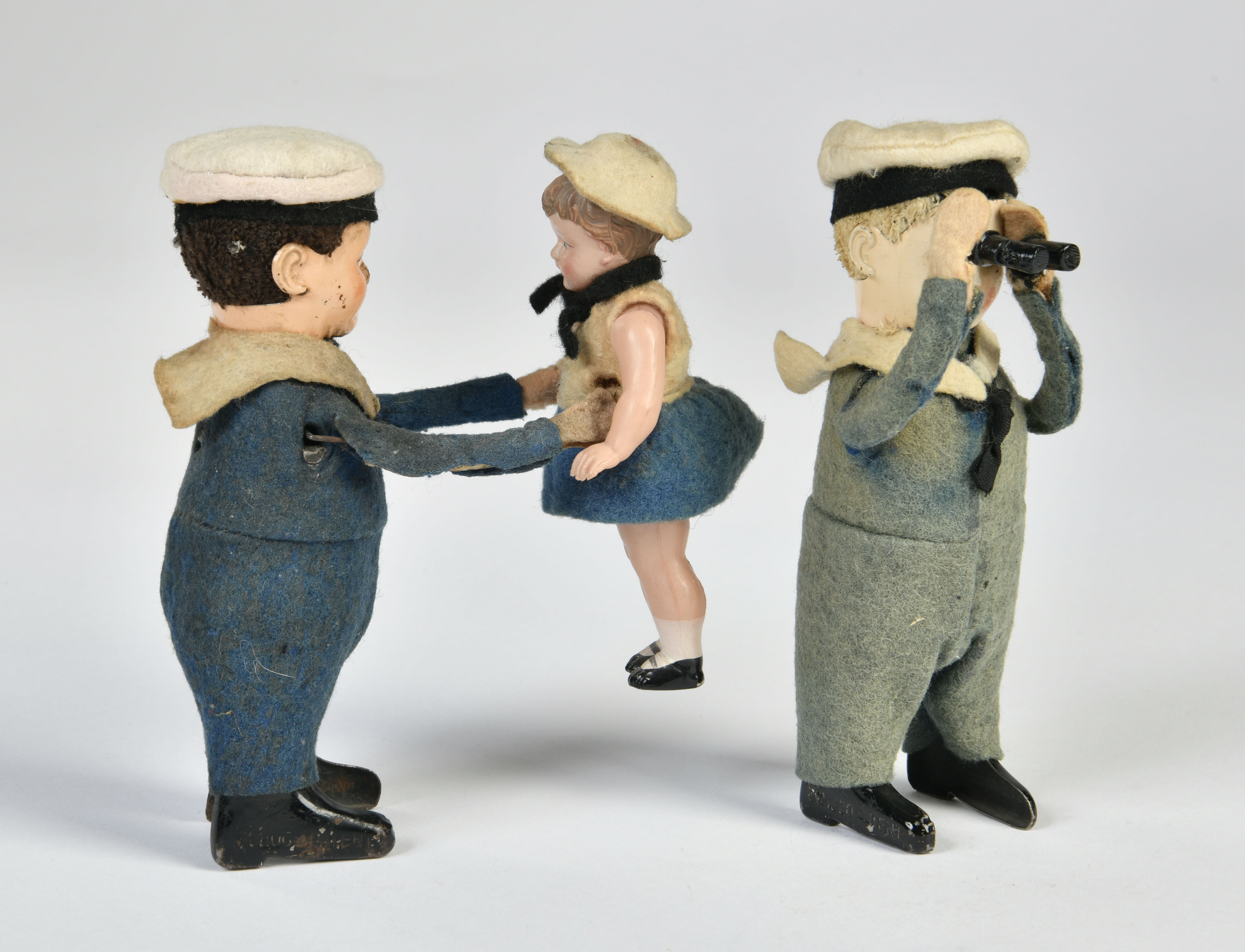 Schuco, sailor couple & sailor with binoculars, Germany, 12 cm, cw ok, paint d., C 2-3