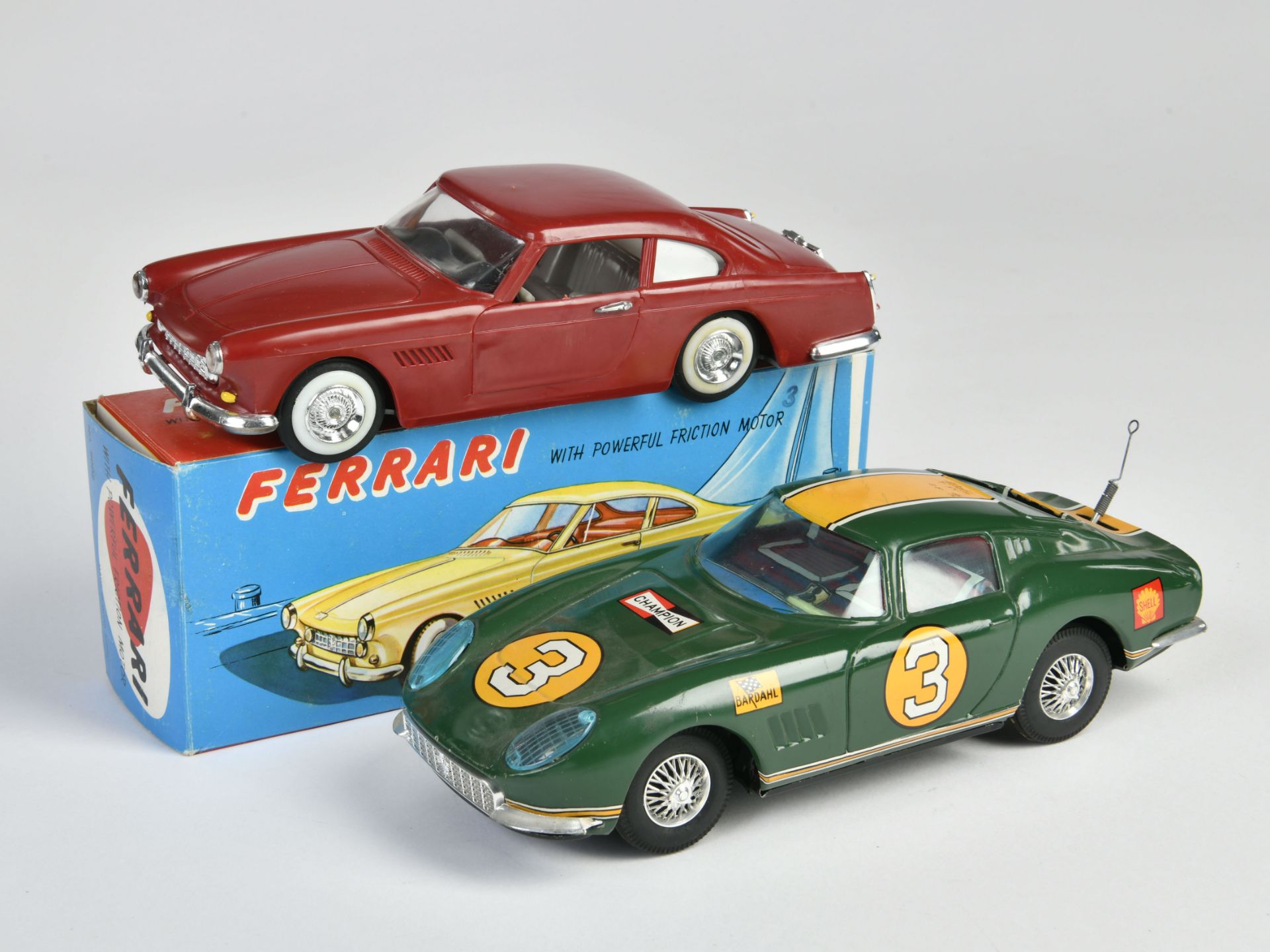 Bandai & W Toys, 2x Ferrari, Japan, Hong Kong, 20-22 cm, tin, plastic, friction ok, 1x box, C 2+