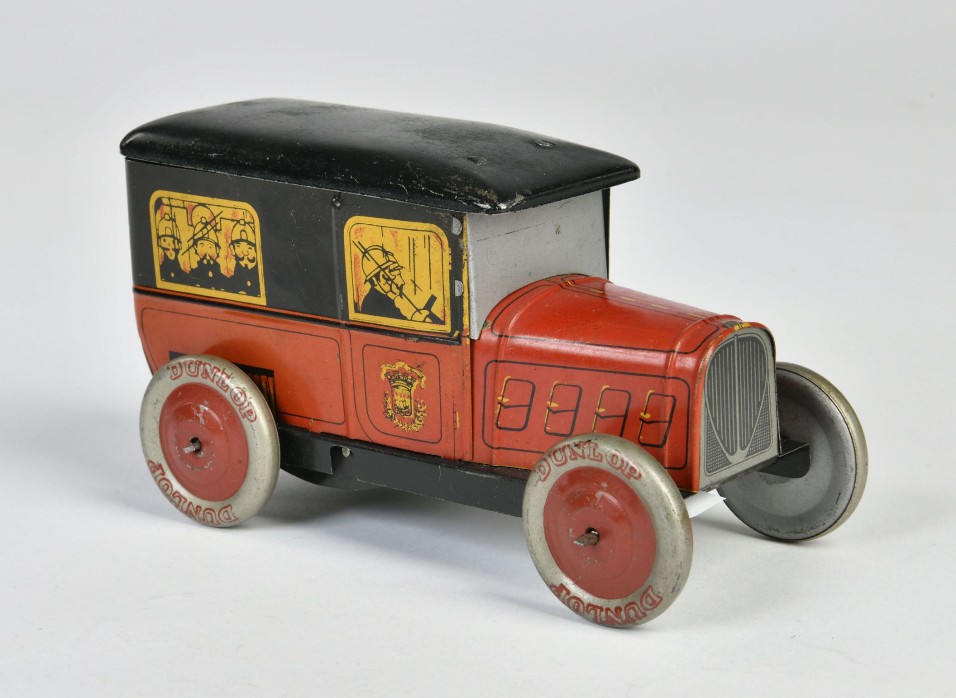 Biscuit can as fire engine, France pw, 17 cm, tin, cw ok, min. paint d., C 2