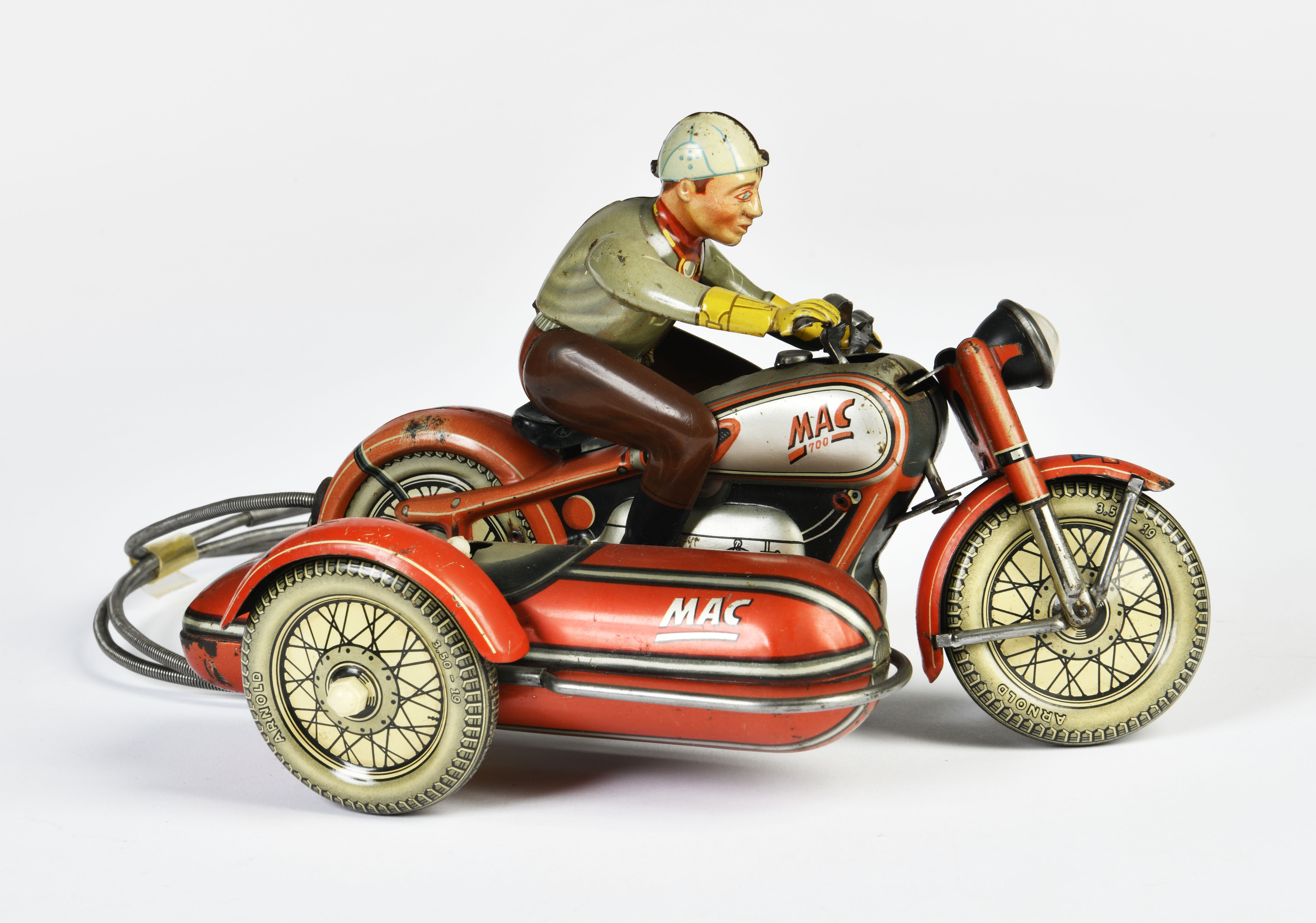 Arnold, motorcycle with sidecar MAC, W.-Germany, 20 cm, tin, paint d., C 2