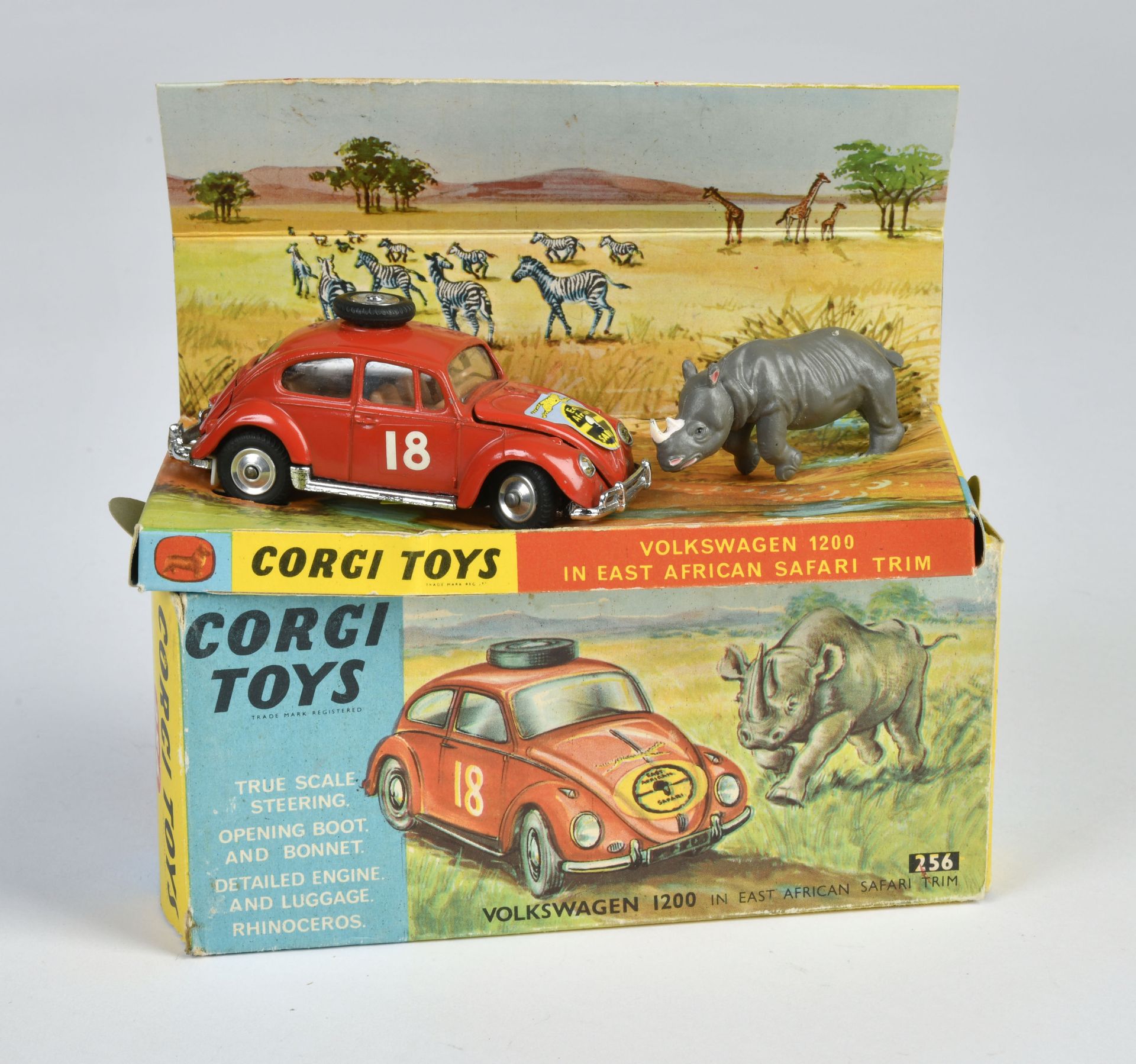 Corgi Toys, 256 Volkswagen 1200, red, with rhino, England, 1:43, diecast, box C 2, C 1