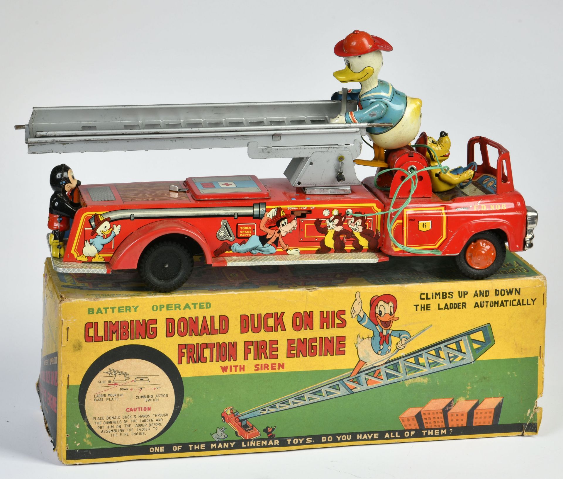 Linemar, Disney fire engine, Japan, 46cm, tin, missing parts, rust, friction ok, box C2-, C 3 - Image 2 of 2