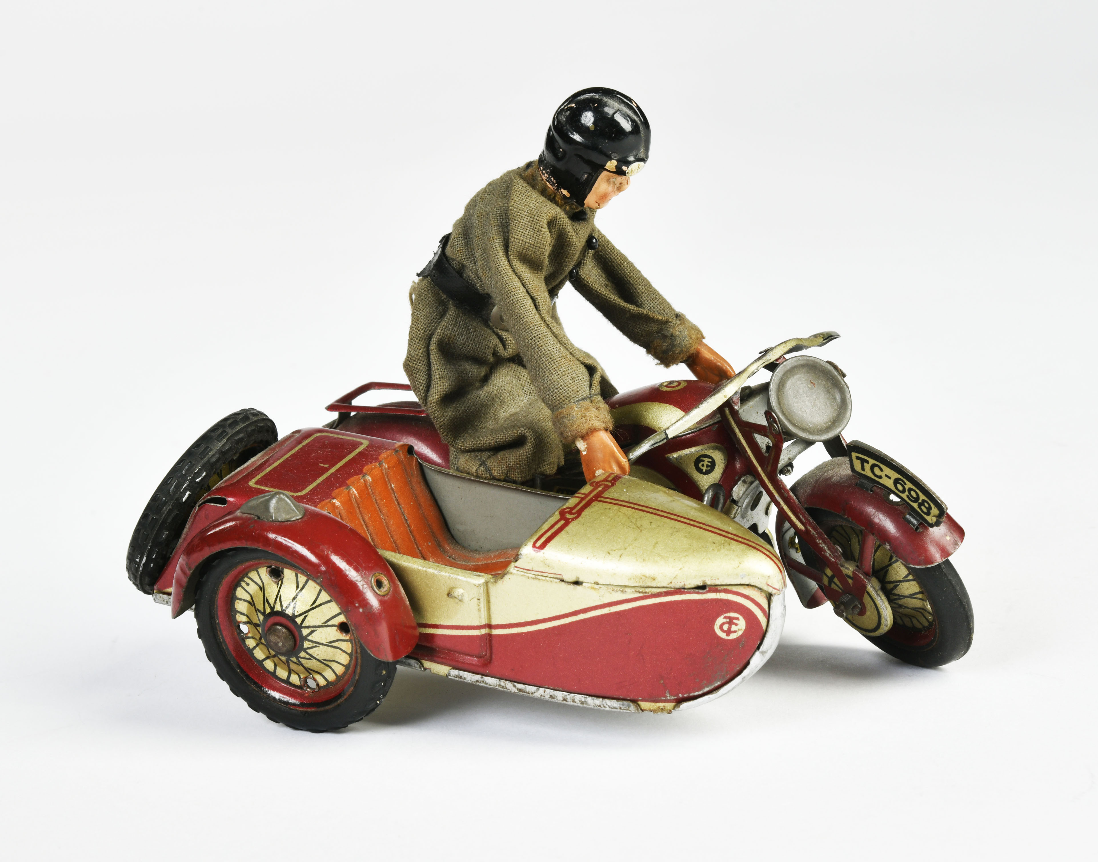 Tippco, motorcycle with sidecar, Germany pw, 13 cm, tin, cw ok, bottom plate refinished, paint d.,