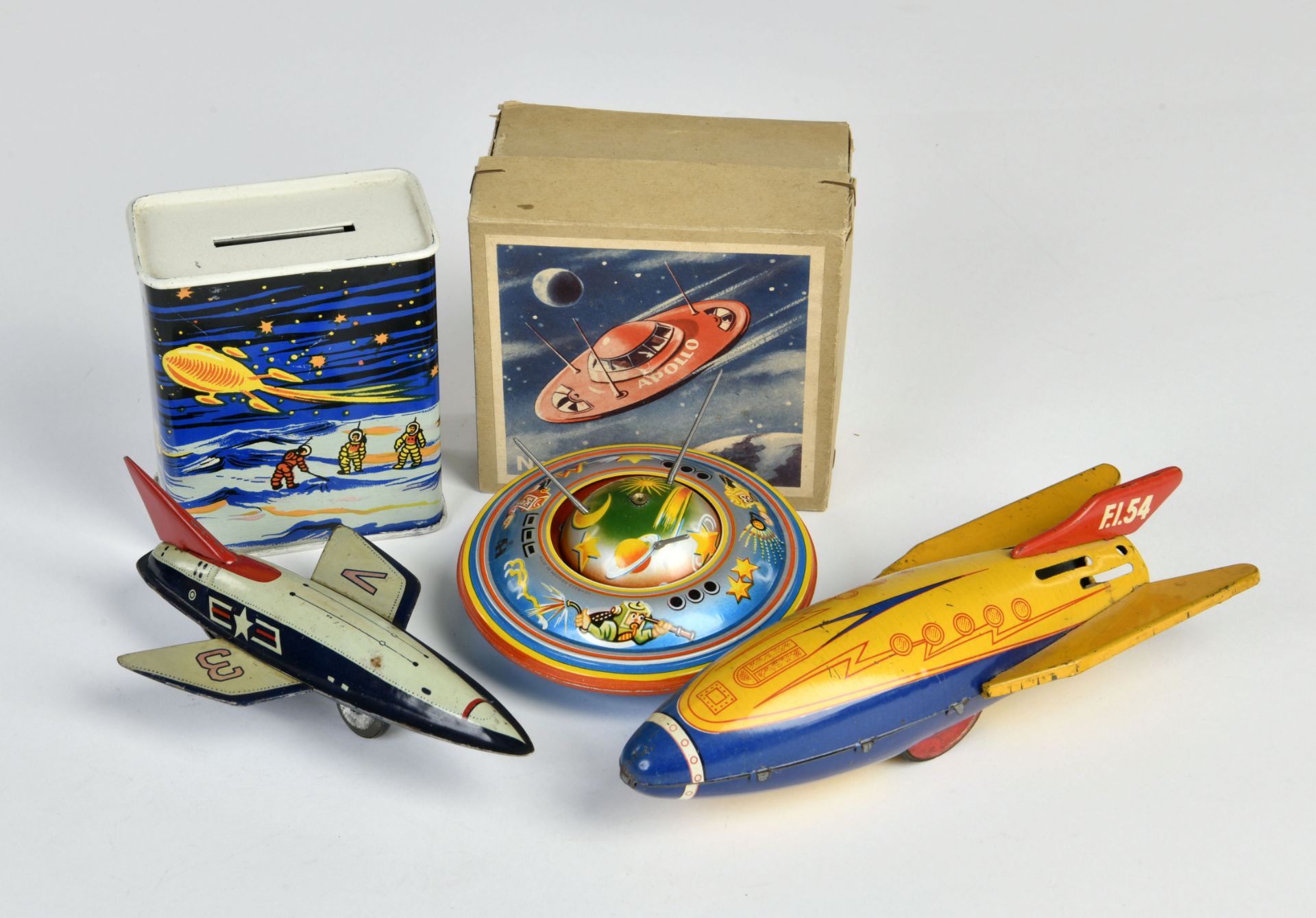 Konvolut Space Toys 1x Rocket Haji Japan,1x SFA France ,1x UFO Germany with box, 1x space money