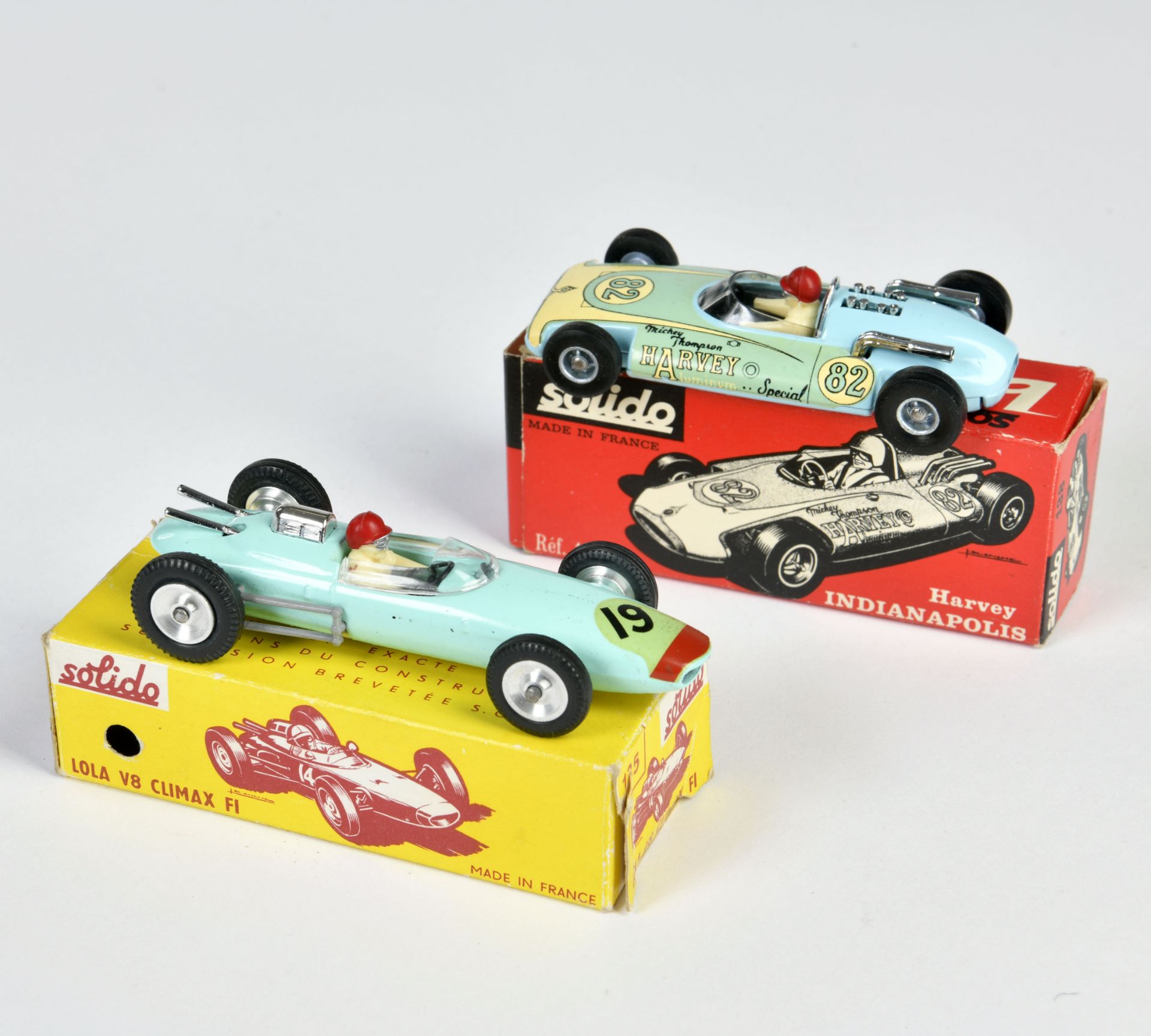 Solido, Lola V8 Climax FI & Harvey Indianapolis racing car, Italy, 1:43, diecast, box, C 1-2
