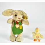 Steiff, rabbit Ossili & chick, Germany, 50s/60s, with buttom, label and flag, C 1-2