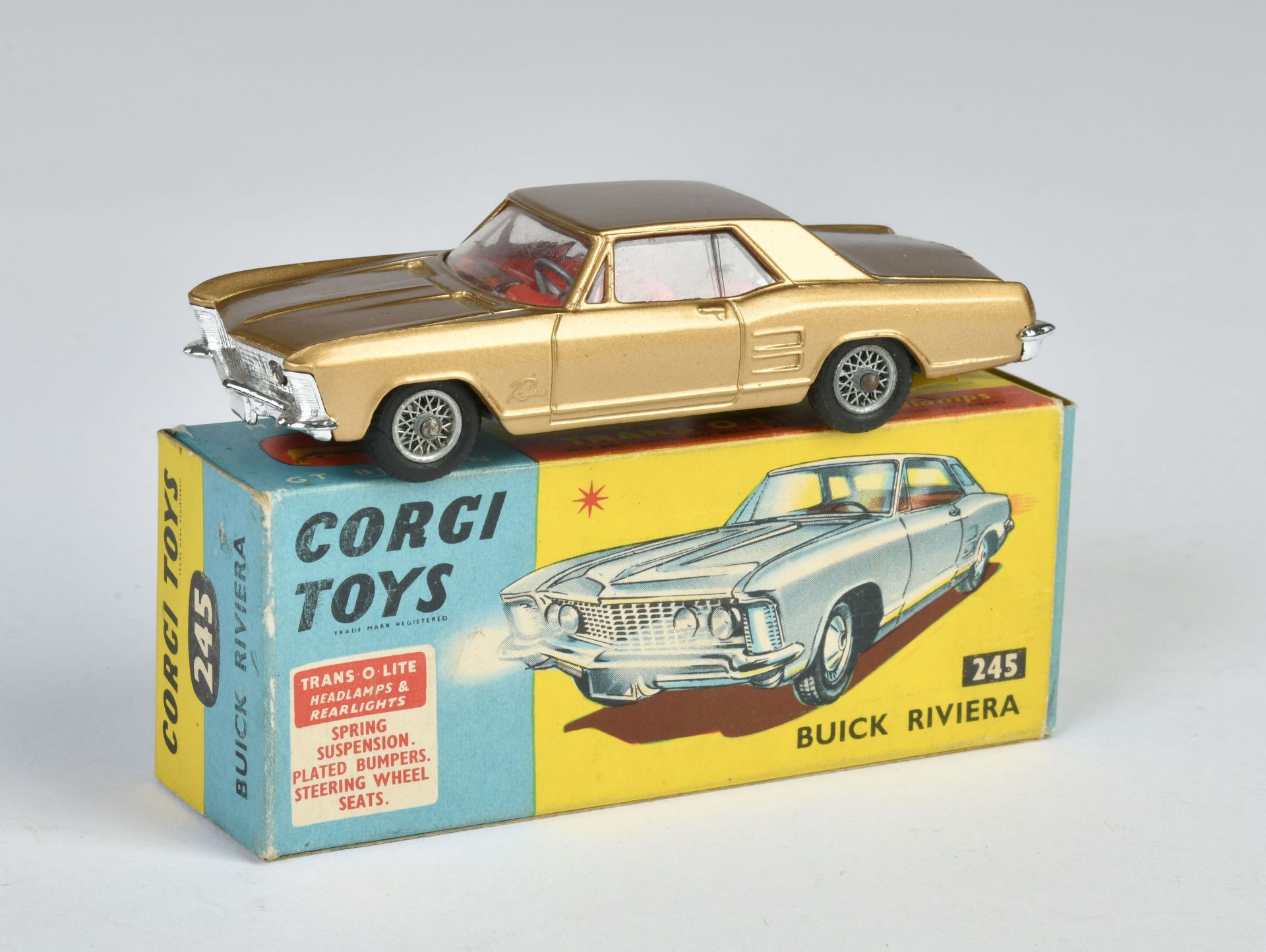 Corgi Toys, 245 Buick Riviera, bronze, England, 1:43, diecast, box C 1, C 1