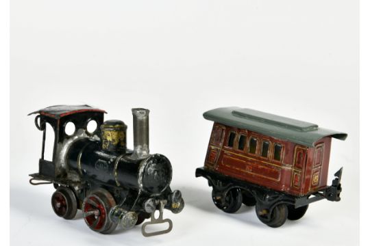 Märklin, "Storchenbein" loco with wagon, Germany pw, tin, 20 cm, gauge 0, paint d., dents,