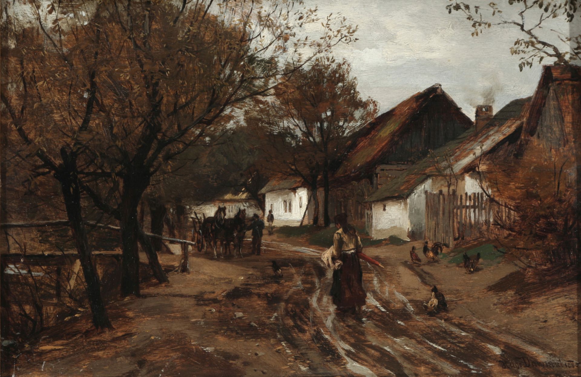 Hugo DARNAUT (1851-1937) busy village street 1885,