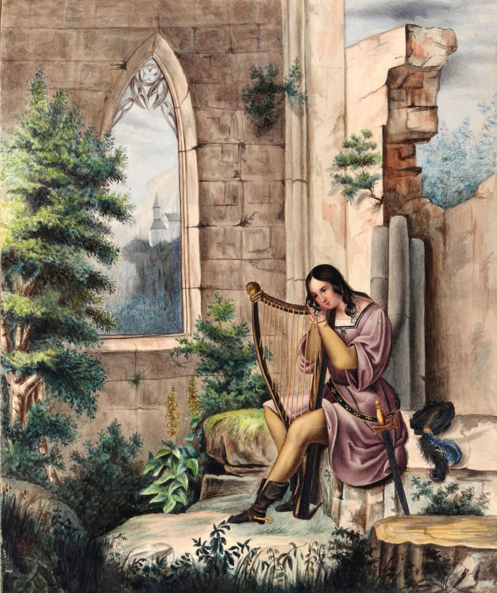 Unbekannter Maler um 1850 Harfenspielerin