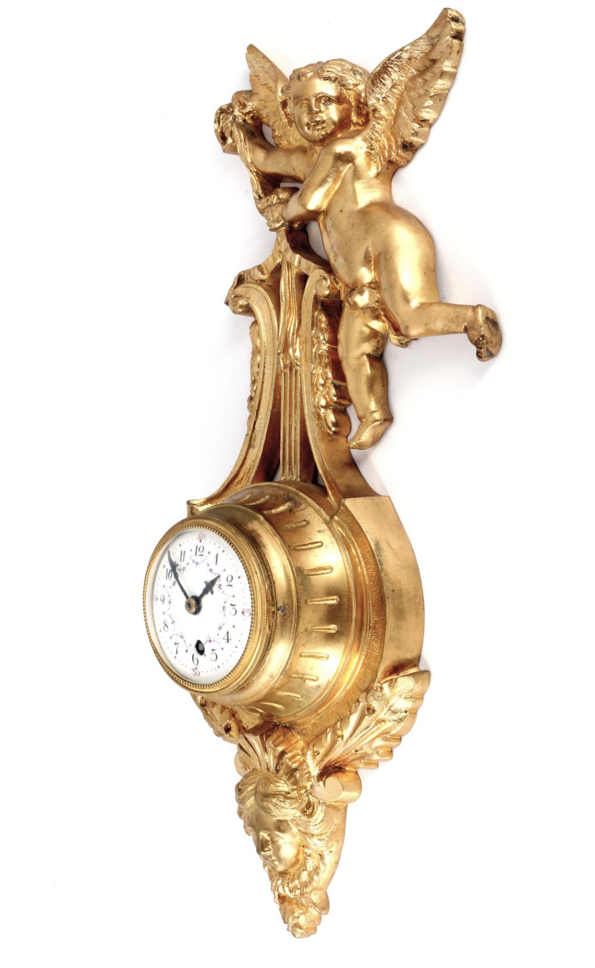 Bronze wall clock with cherub around 1900, Bronze Wanduhr mit Putto um 1900, - Image 3 of 5