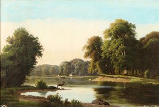 Vilhelm Georg GROTH (1842-1899) Waldlandschaft mit Hirsch am See 1880,