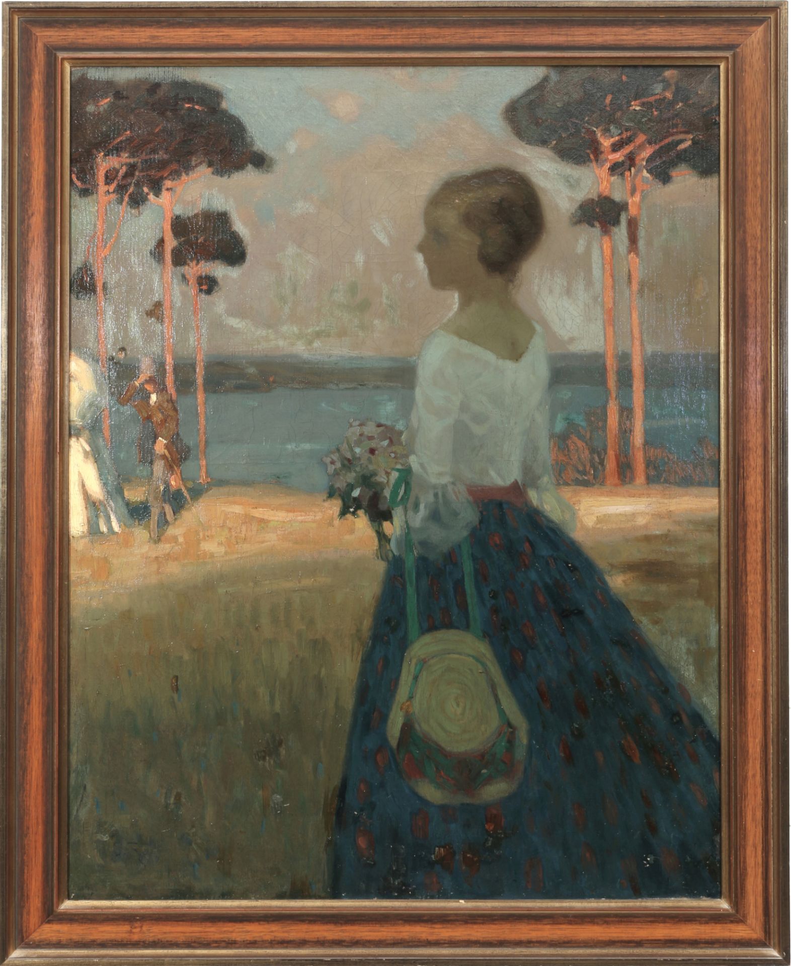 French Impressionist 1896, young lady walking with a bouquet of flowers, - Image 2 of 7