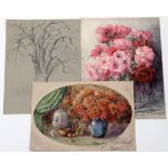 Bruno SCHILBACH (1876-1950) 2 flower still lifes and tree drawing