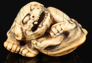 Japan 18. Jahrhundert, Elfenbein Katabori Netsuke Shishi liegend, Edo-Zeit,