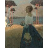 Französischer Impressionist 1896, spazierende junge Dame mit Blumenstrauß,