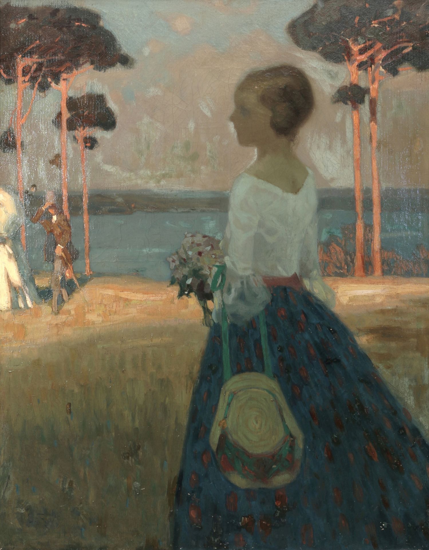 French Impressionist 1896, young lady walking with a bouquet of flowers,