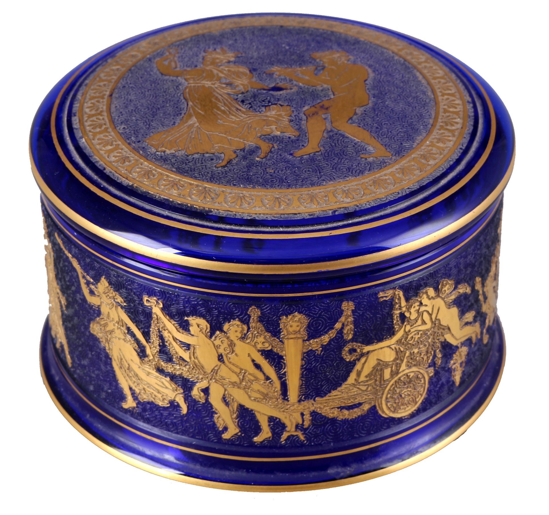 Val Saint Lambert Danse de Flore royal blue bonbonniere / lidded box,