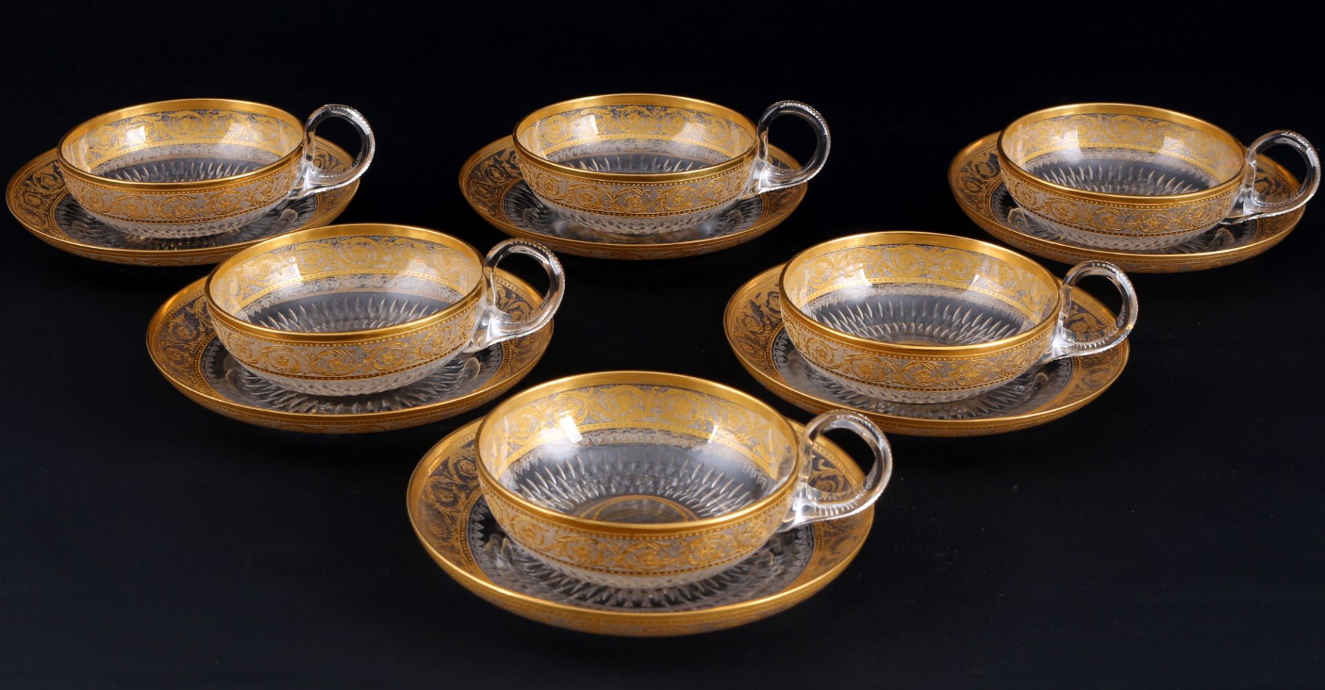 St. Louis Thistle Gold 6 champagne cups/bowls with saucers,