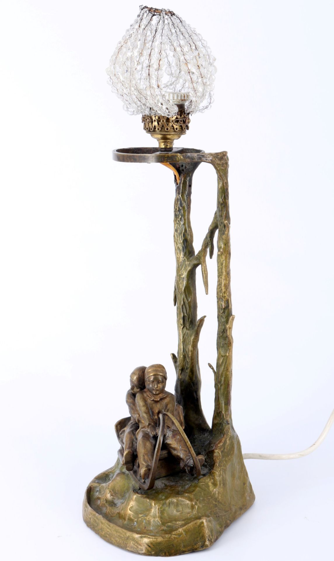 Bronze Lampenfuß mit Kindern auf Schlitten, - Bild 2 aus 4
