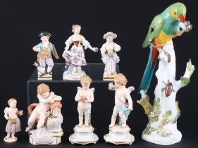 Meissen 8 diverse Figuren - u.a. Putten, Papagei und Gärtnerkinder,