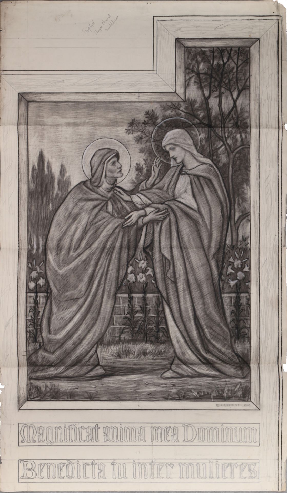 Edward A. Fellowes PRYNNE (1854-1921) große Zeichnung Maria besucht Elisabeth 1909