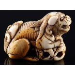 Japan 18. Jahrhundert, Elfenbein Katabori-Netsuke Shishi mit Blüte, Edo-Zeit,