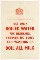 War Poster Large Use Only Boiled Water WWII UK Home Front