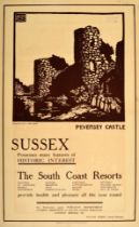 Travel Poster Sussex Historic South Coast London Brighton Railway Pevensey Castle