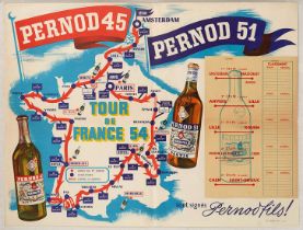 Sport Poster Tour De France 1954 Cycling Itinerary Map Pernod Fils