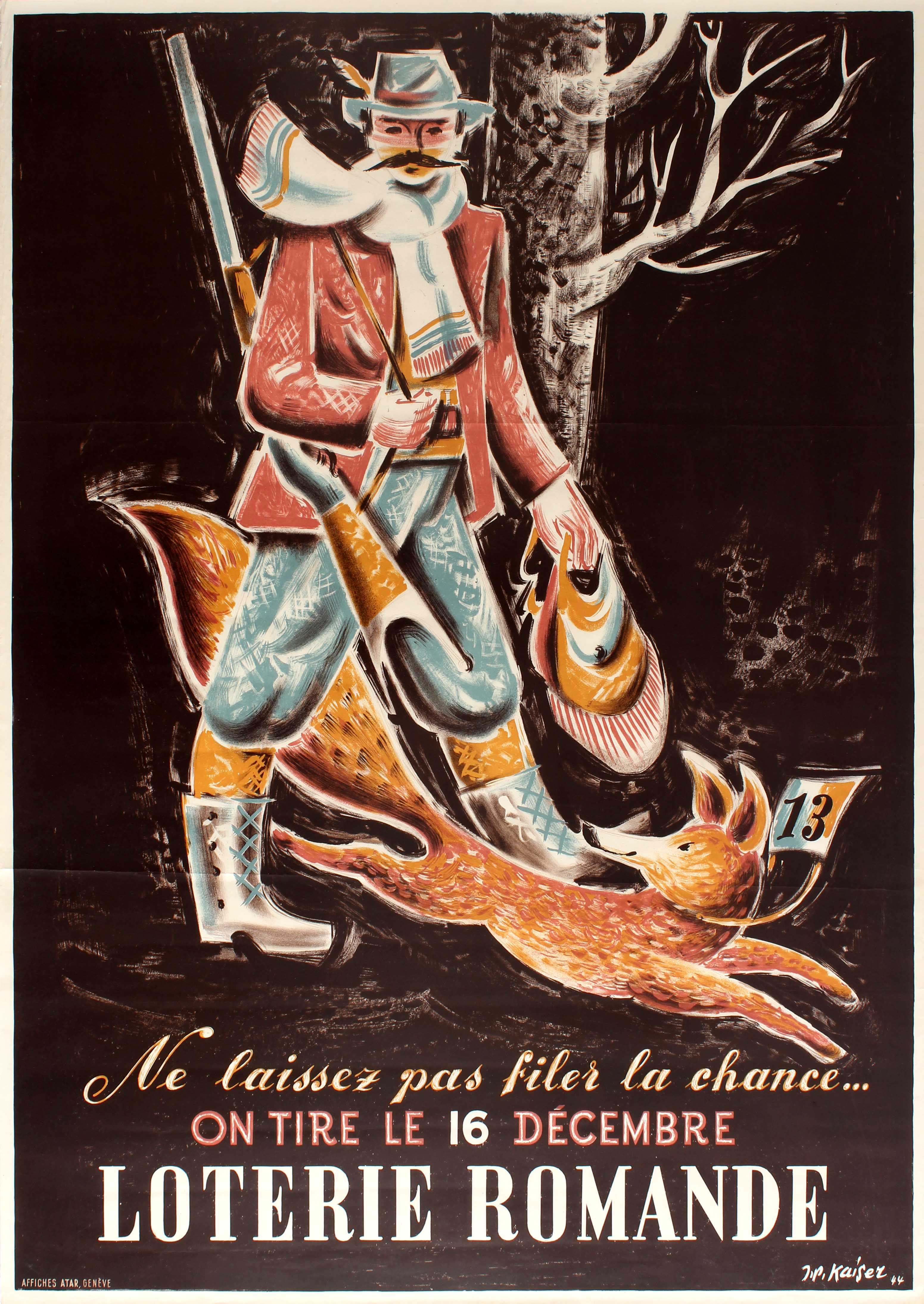 Advertising Poster Romande Lottery Hunter And Fox Switzerland hunting