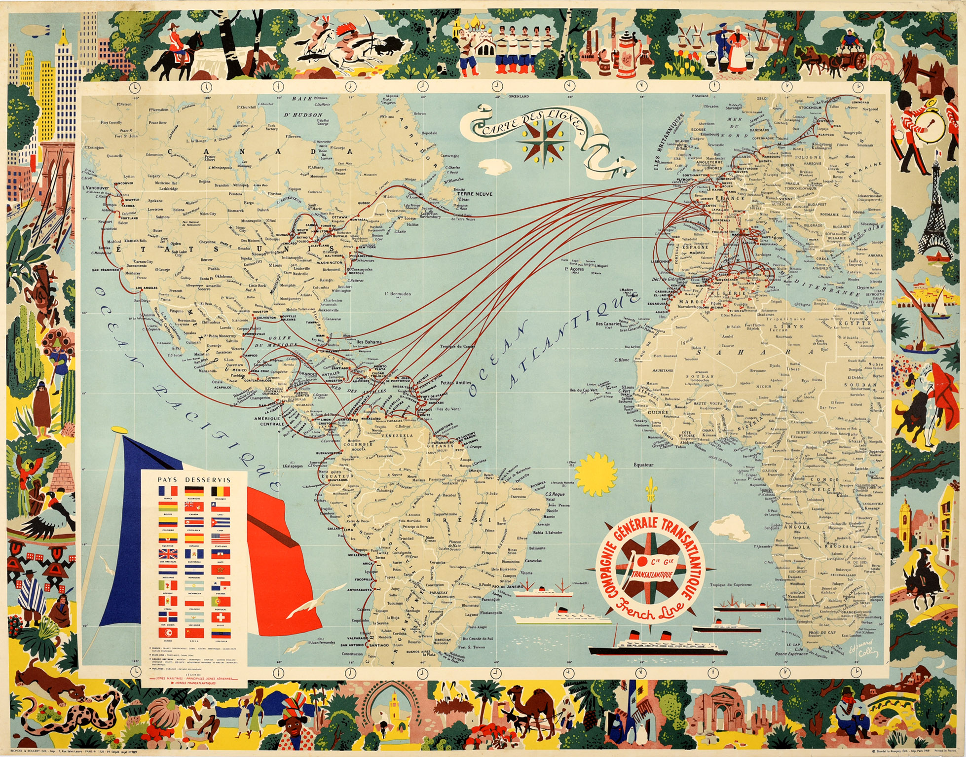 Advertising Poster Compagnie Generale Transatlantique CGT Illustrated World Map