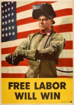 War Poster Free Labor Will Win Welder WWII USA Flag Home Front