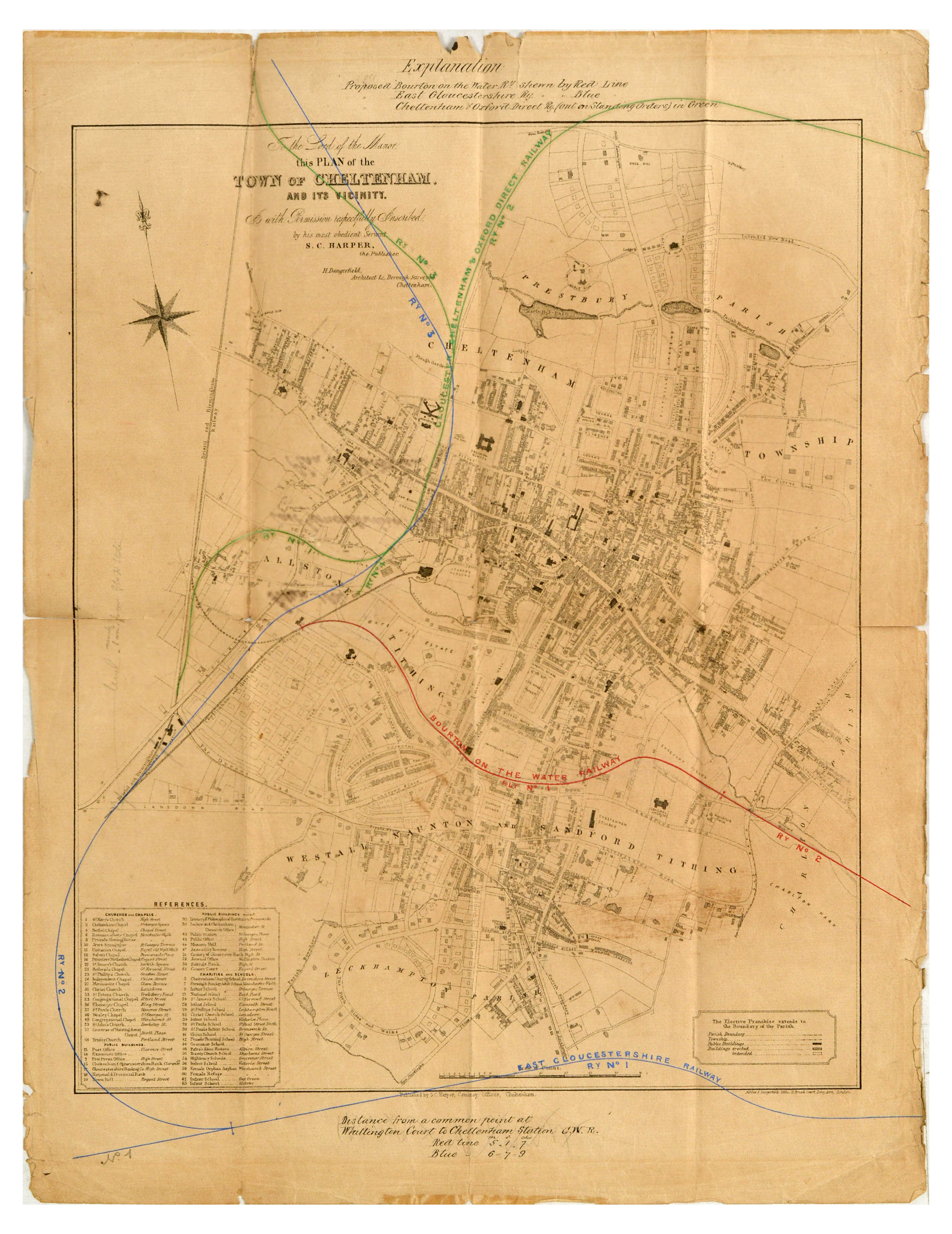 Antique Engraving Cheltenham Town Map East Gloucestershire Railway