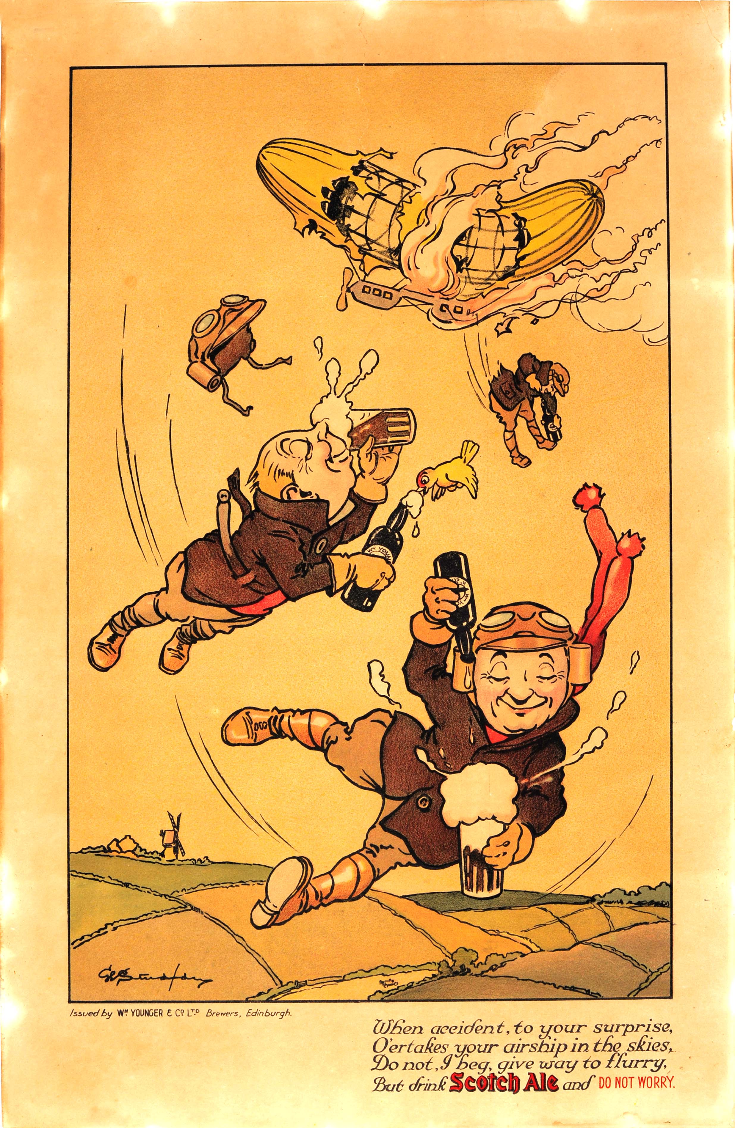 Advertising Poster Scotch Ale Younger Beer Zeppelin Airship Cartoon