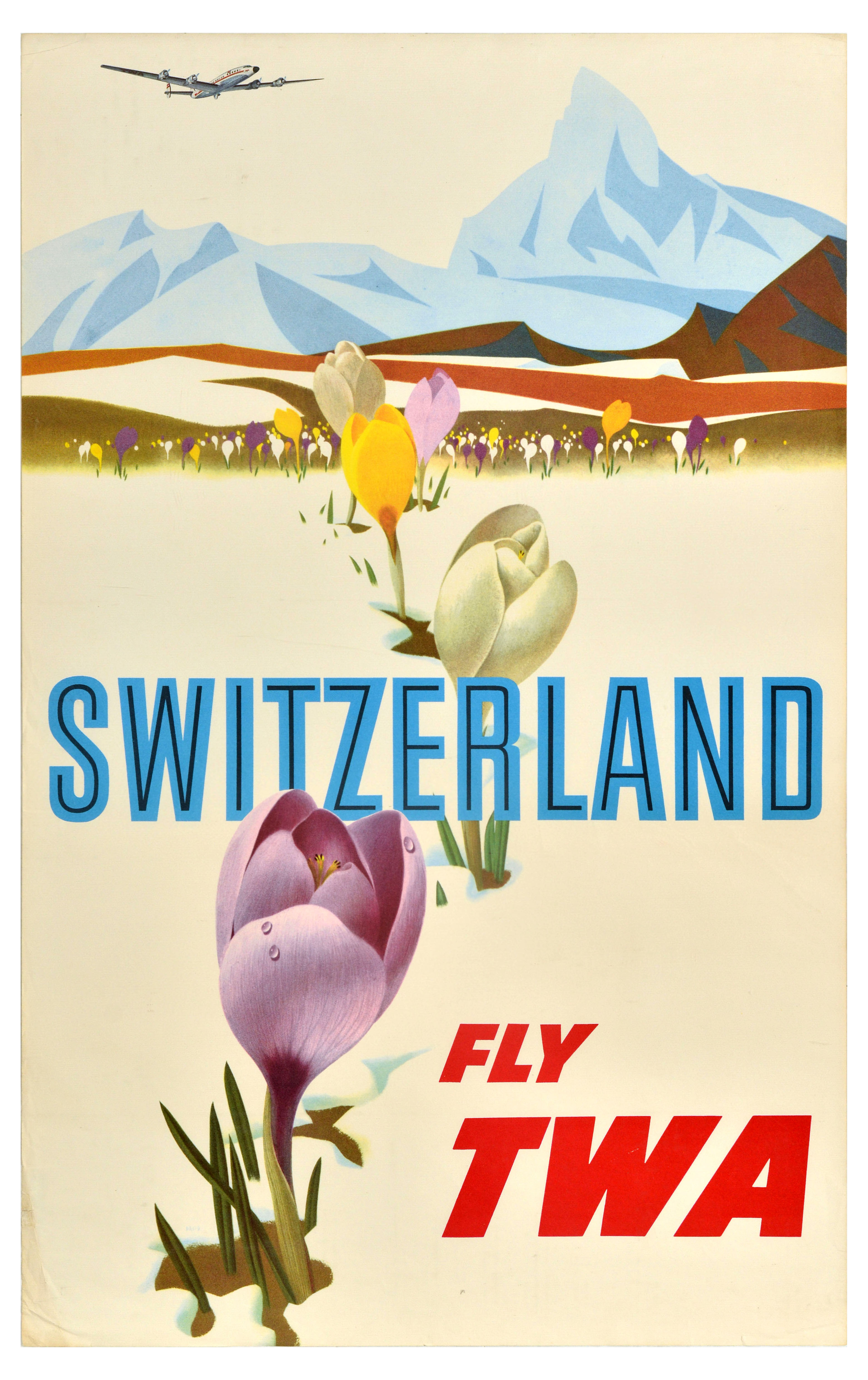 Travel Poster Switzerland TWA David Klein Lockheed Constellation
