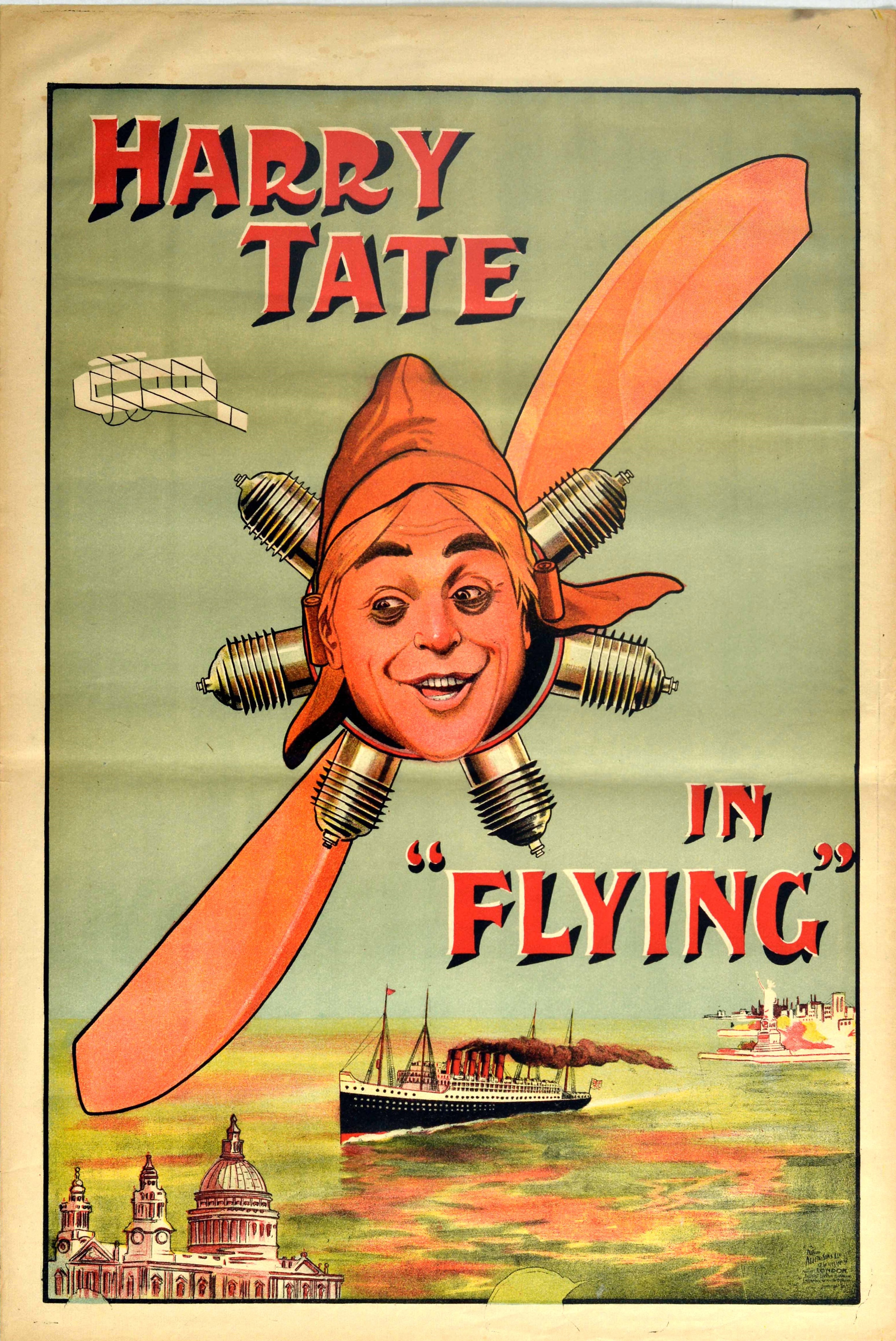 Advertising Poster Early Aviation London New York Stamship Harry Tate Flying Comedy Play UK 