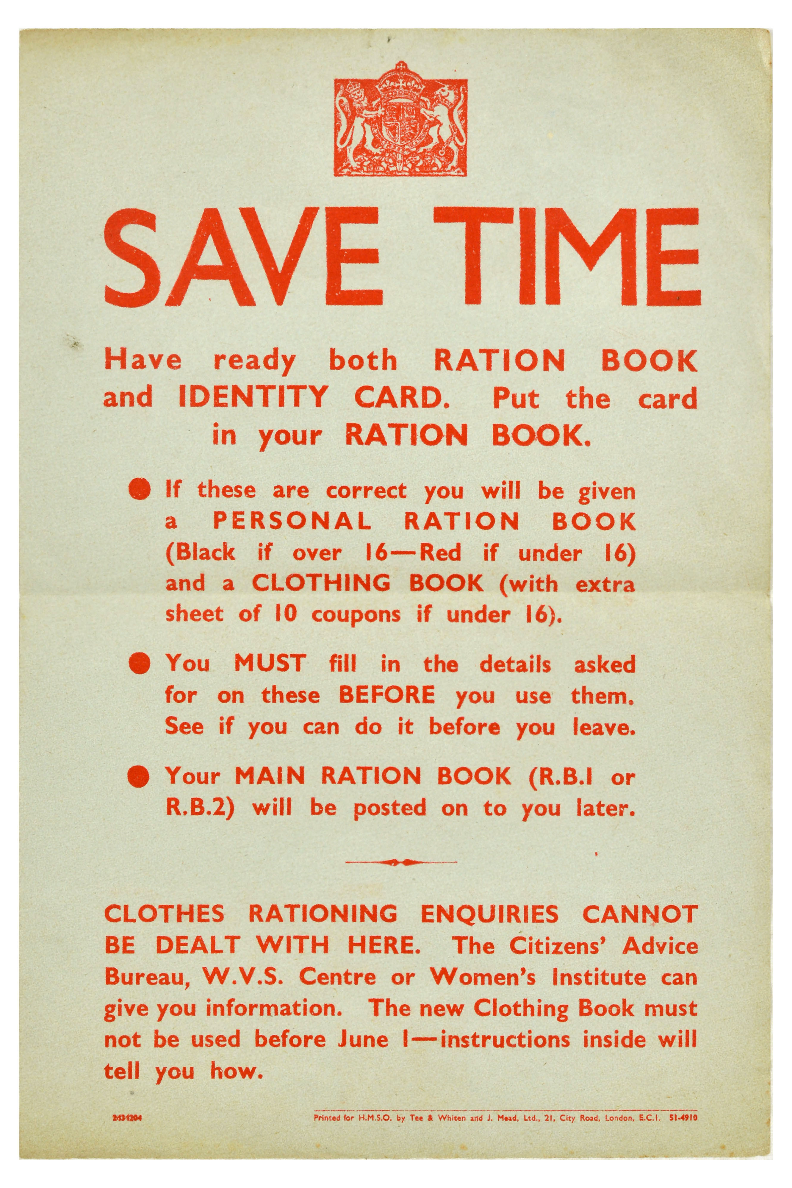 War Poster Save Time WWII Rationing UK Home Front