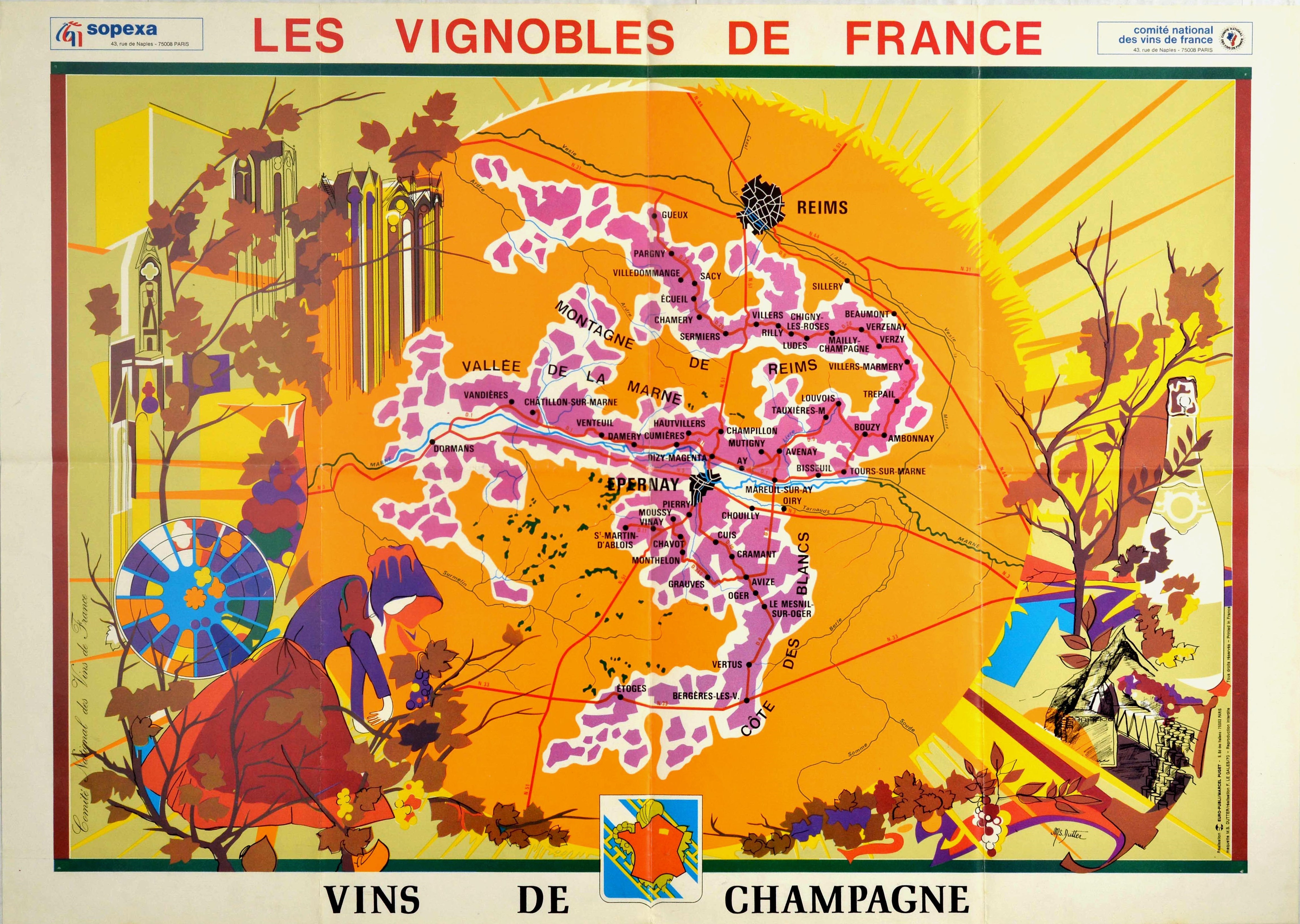 Advertising Poster Champagne Vineyards France French Wine Illustrated Map