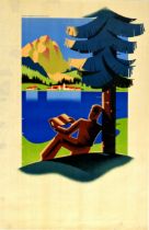 Advertising Poster Lakeside Man Reading Book Art Deco