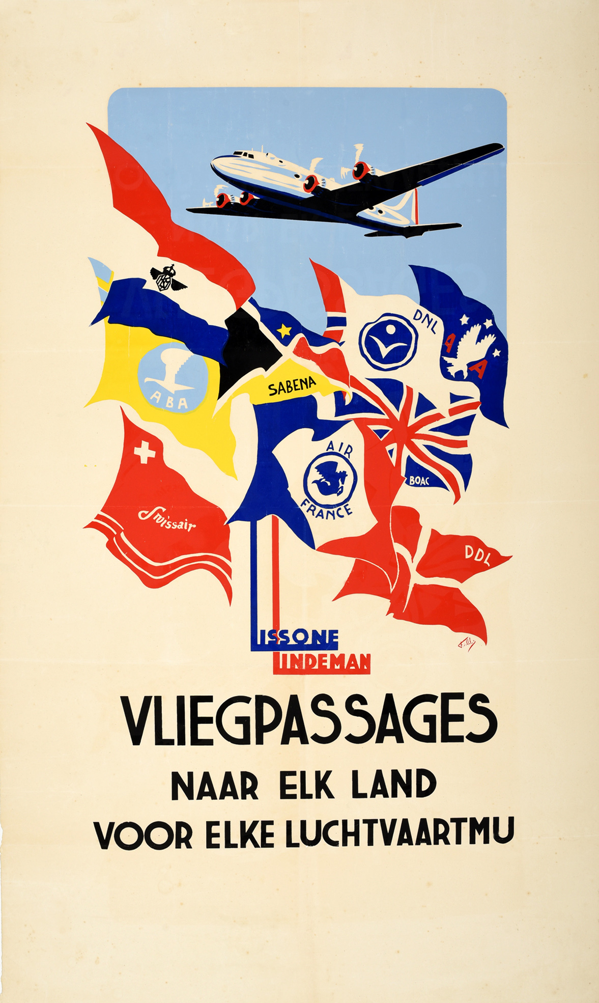 Advertising Poster Lissone Lindeman Airline Travel Agency Vliegpassages Aviation