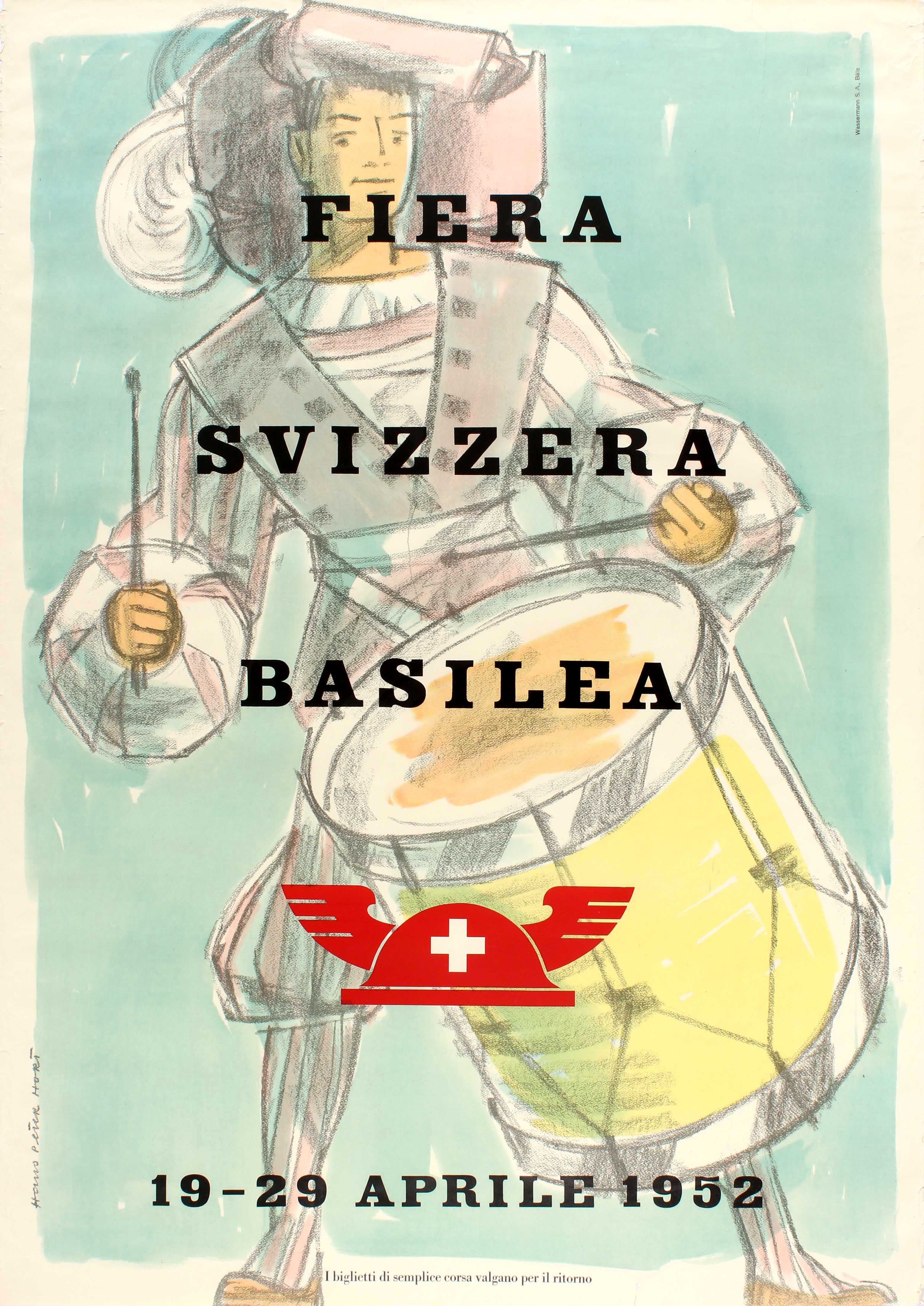 Advertising Poster Basel Swiss Fair 1952 Switzerland Drummer