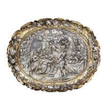 Silver, decorative dish with a scene of a knights court. 19th century.