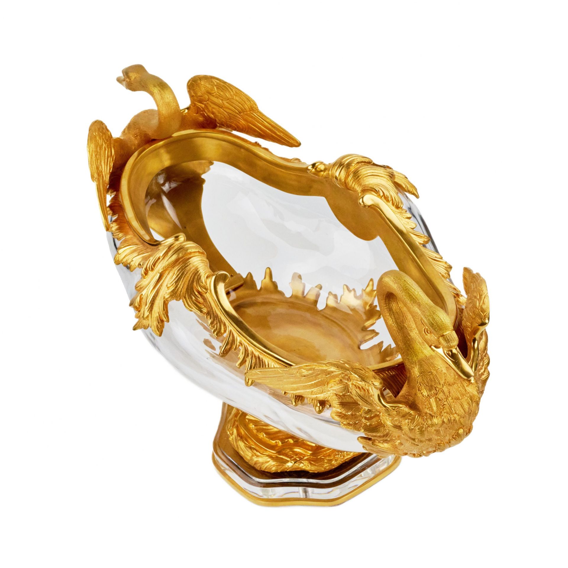 Pair of oval vases in cast glass and gilt bronze, with swan motif. France 20th century. - Image 7 of 8