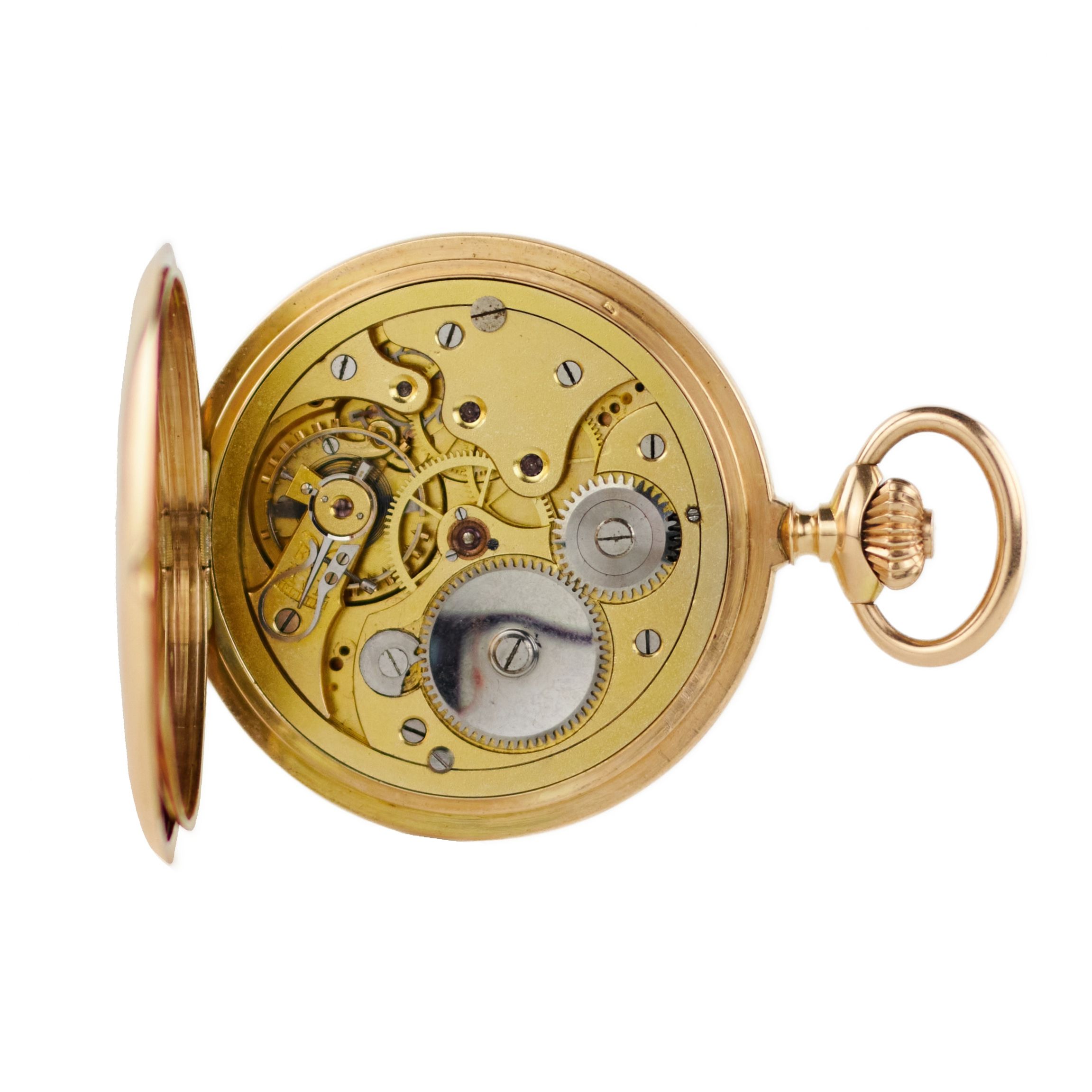 Gold, three-case, pocket watch with a chain and an erotic scene on the dial. 1900 - Image 4 of 12
