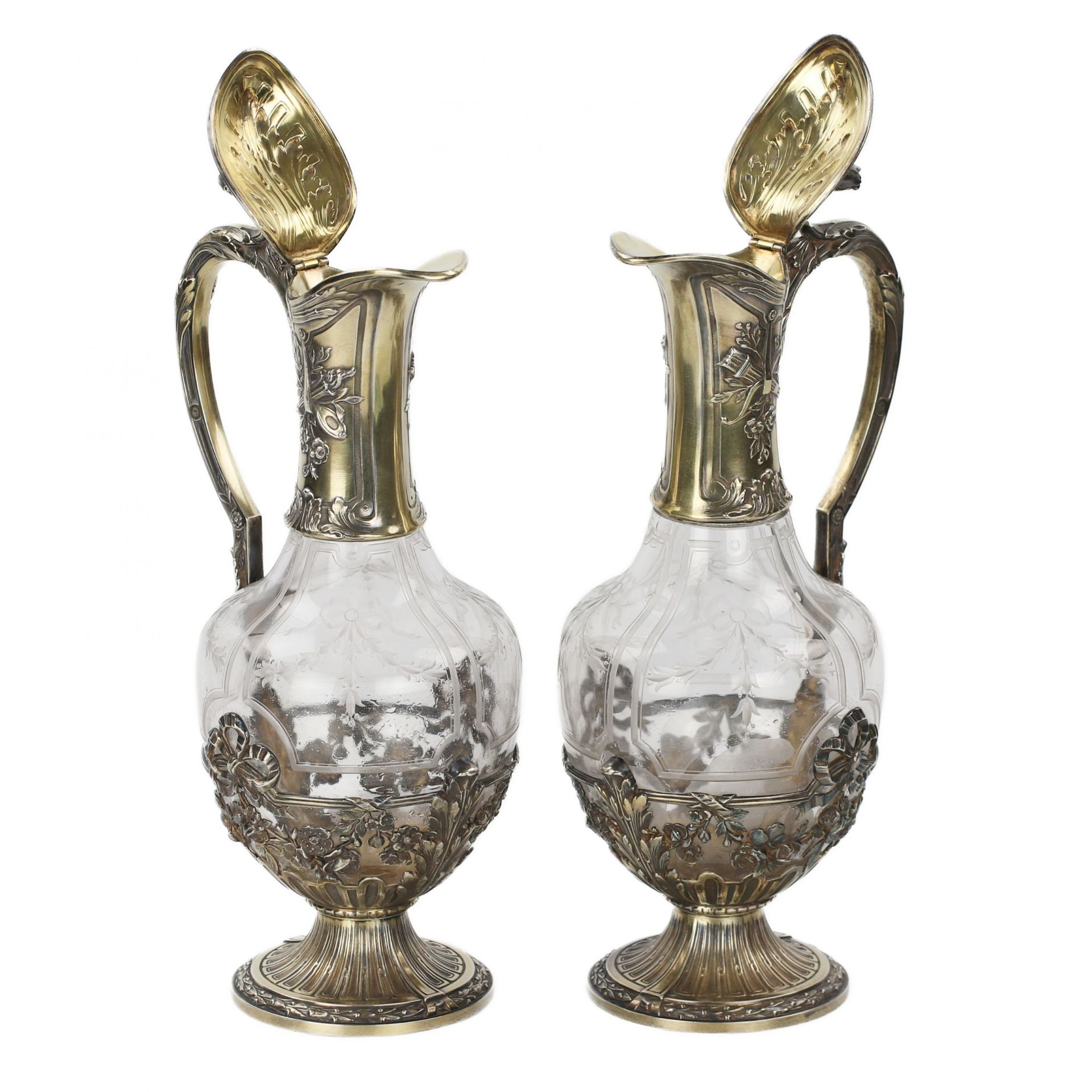 Pair of French glass wine jugs in silver from the late 19th century. - Image 5 of 9