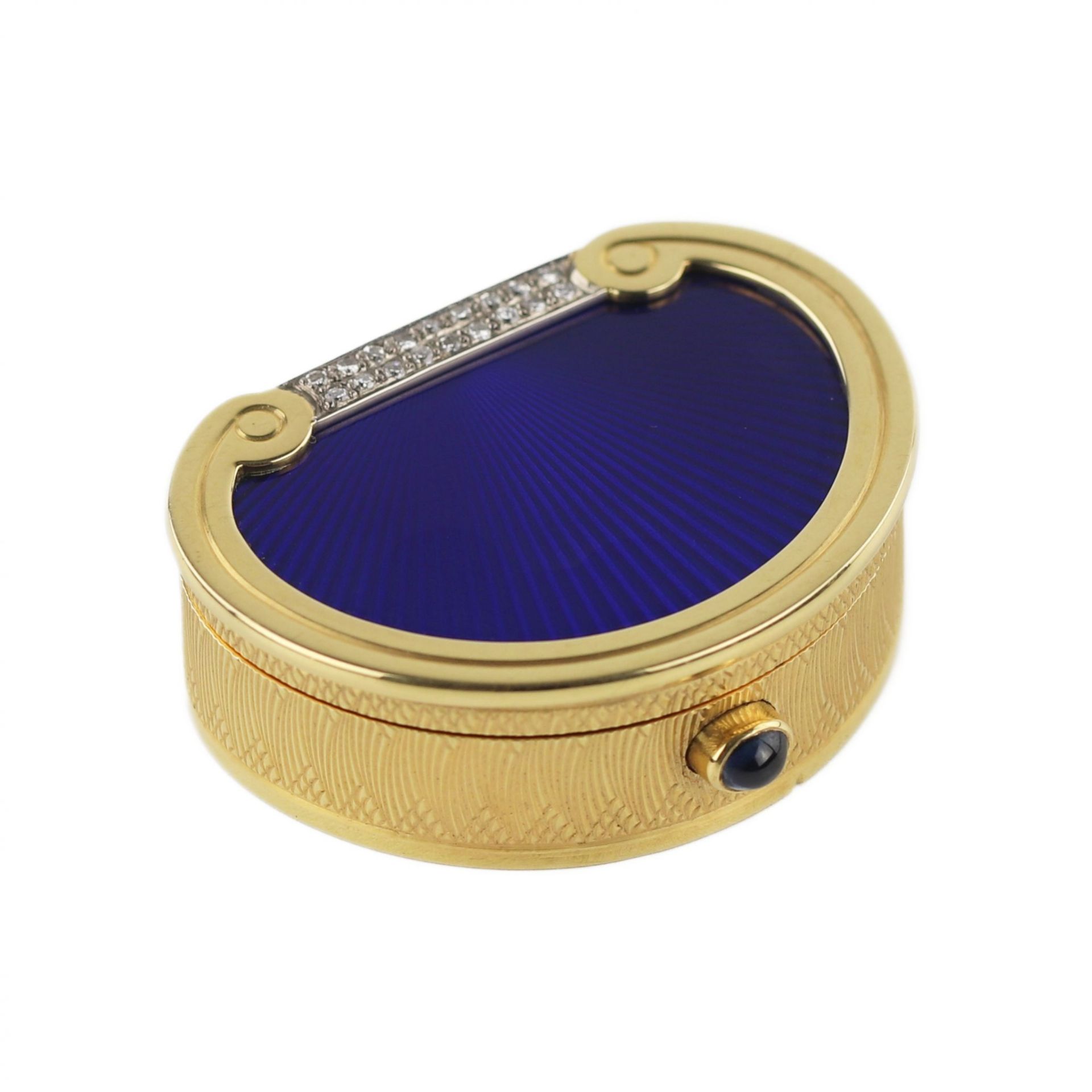 19th century English gold pill box with diamonds and guilloche enamel.