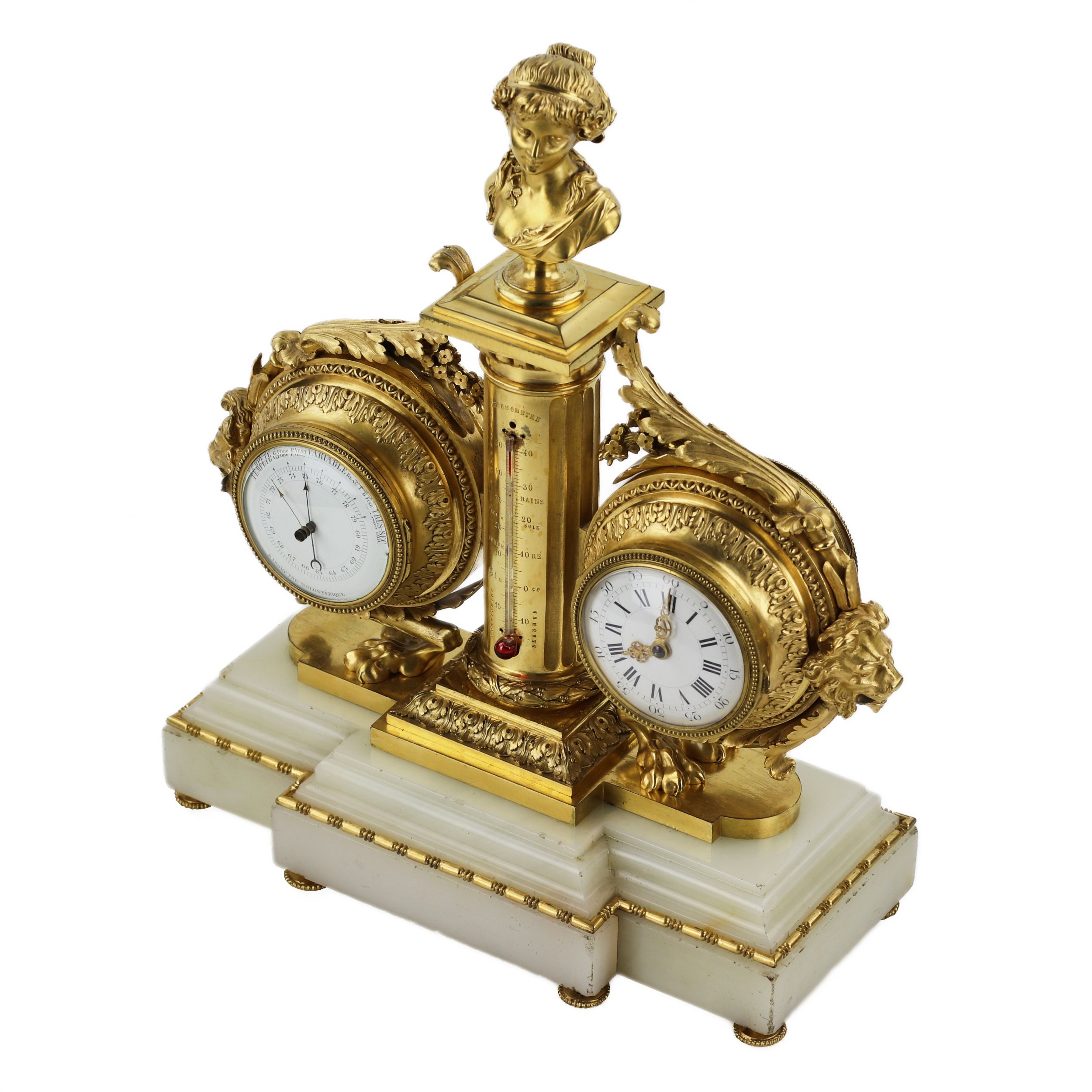 Tabletop instrument in white marble, gilded bronze: with clock, thermometer and barometer. 19th cent - Image 7 of 7