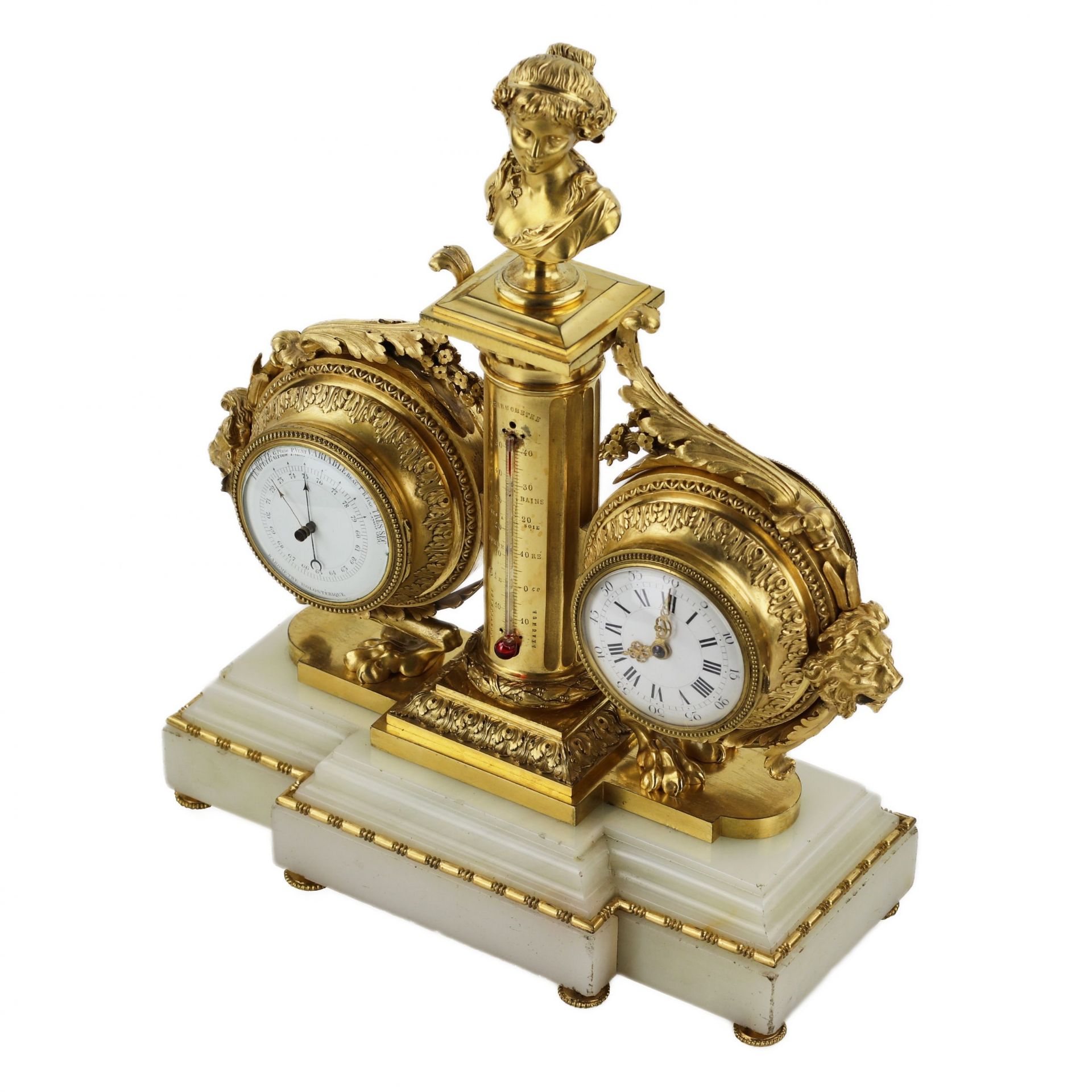 Tabletop instrument in white marble, gilded bronze: with clock, thermometer and barometer. 19th cent - Bild 7 aus 7